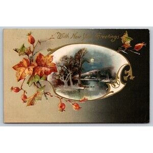 Postcard New Year Greetings Leaves Winter Scene Embossed Posted c1908 PA Stamp